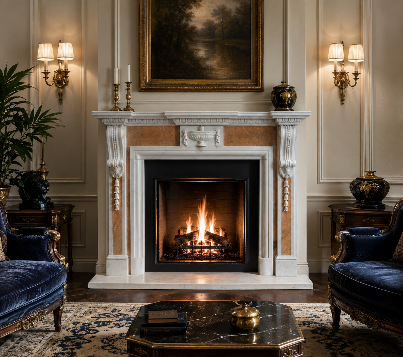 Класичний мамуровий камін Kensington | LUCHESK Класичний камін Kensington з білого натурального мармуру