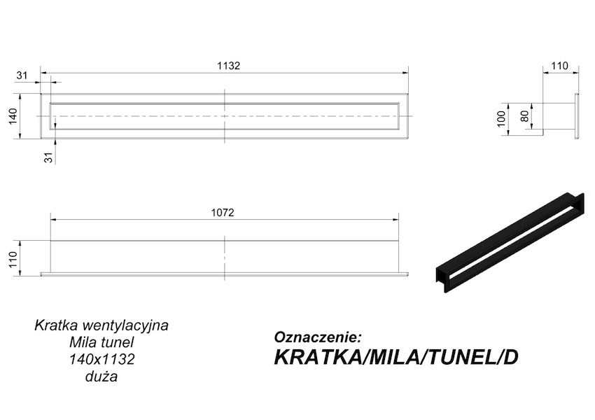 Вентиляційна решітка для каміна Kratki Міла тунель 140 × 1132 мм