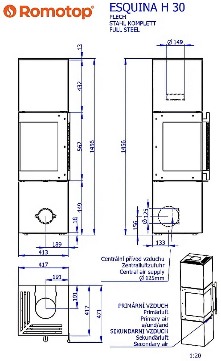 Розміри печі-каміна Romotop Esquina H