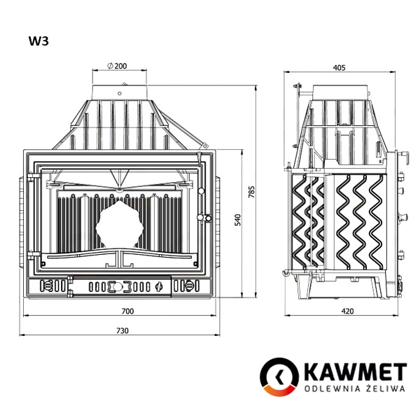 Розміри топки Kawmet W3