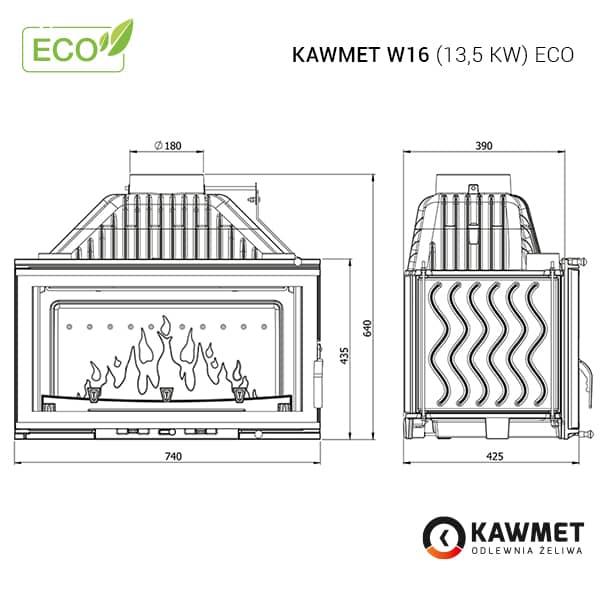 Розміри топки Kawmet W16 (13,5 kW) Eco