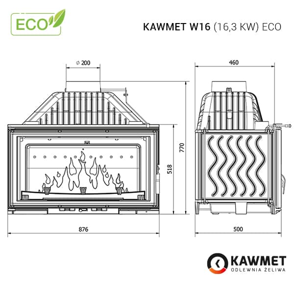 Розміри топки Kawmet W16 (16,3 kW) Eco
