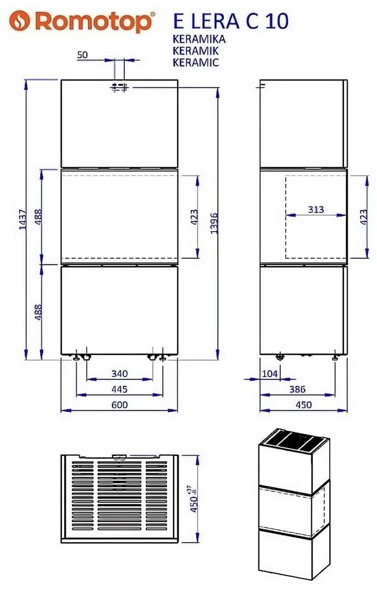 Розміри електрокаміна Romotop e-LERA C 10