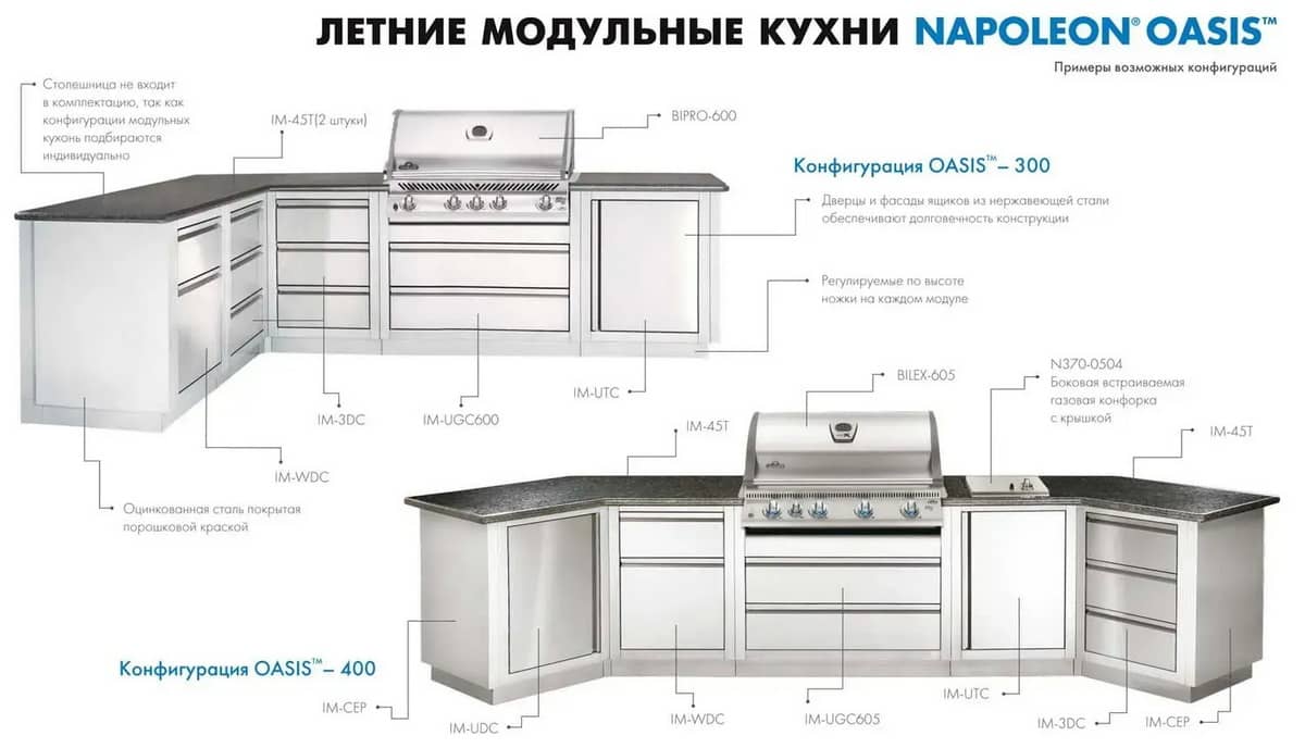 Конфігурація модульної кухні-барбекю Napoleon Oasis 400 із грилем Bilex 605 Конфігурація модульної кухні-барбекю Napoleon Oasis 400 із грилем Bilex 605