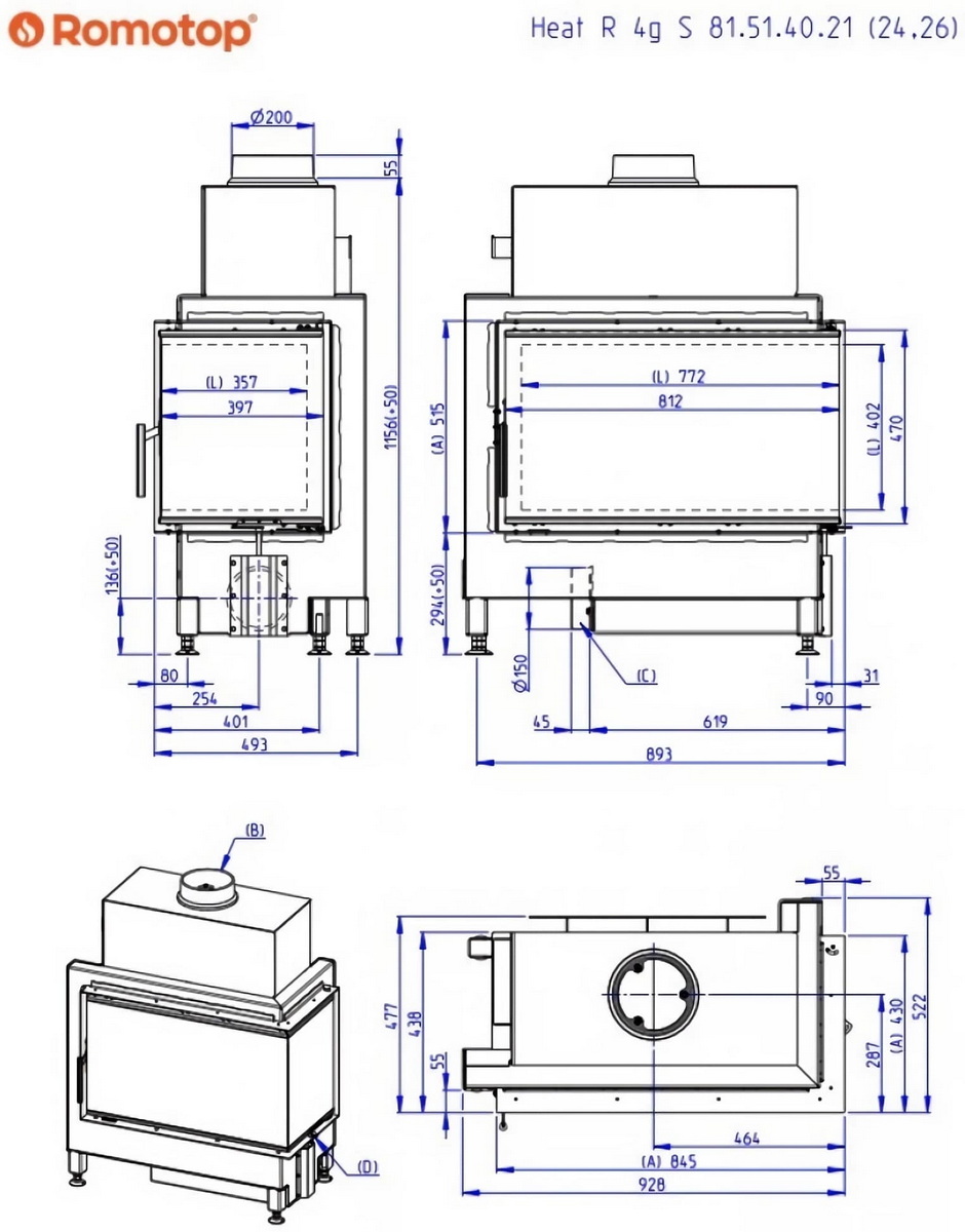 Розміри топки Romotop Heat R/L 4g S 81.51.40.26