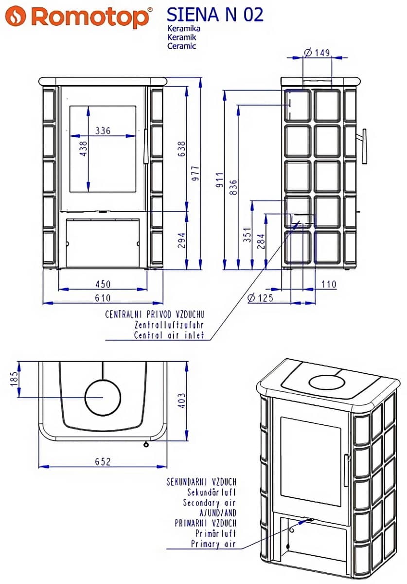 Розміри печі Romotop Siena N 02 Розміри печі Romotop Siena N 02